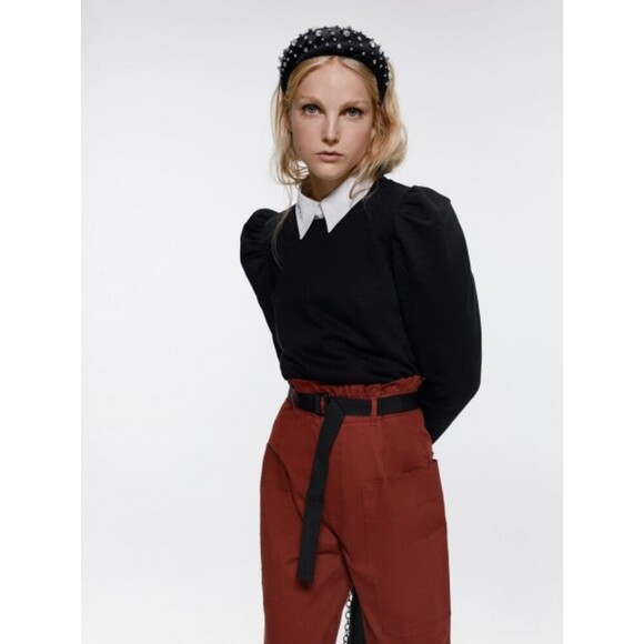 Red Zara Paperbag Waist Cropped Cuff-Hem Wide-Leg Pants Trousers (NWT) - Picture 3 of 7